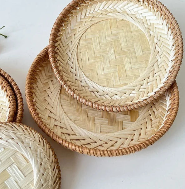 Bandeja Redonda de Bambú y Ratán