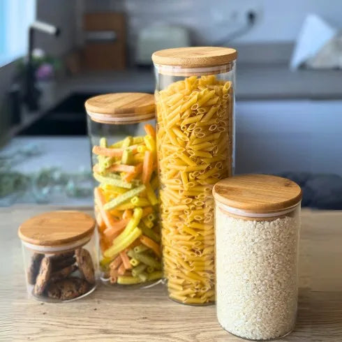 Set de 4 Tarros de Vidrio con Tapa de Bambú