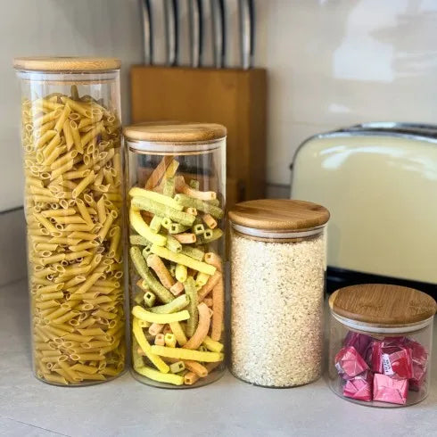 Set de 4 Tarros de Vidrio con Tapa de Bambú