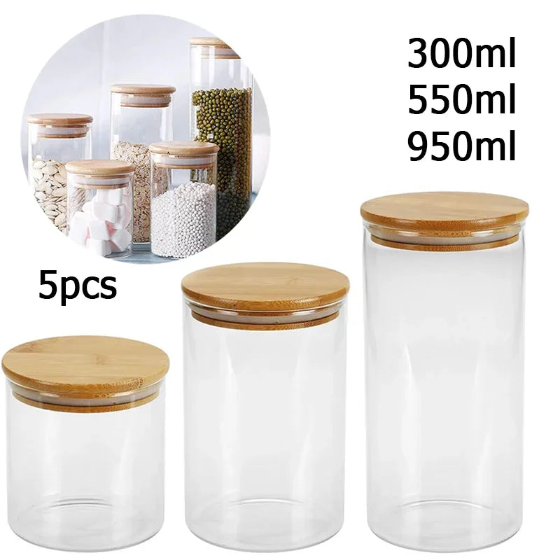 Set de 5 Tarros de Vidrio con Tapa de Bambú Hermética