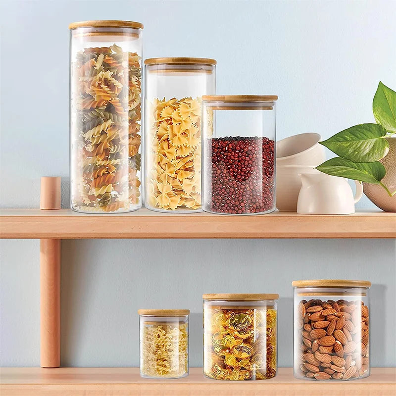 Set de 5 Tarros de Vidrio con Tapa de Bambú Hermética