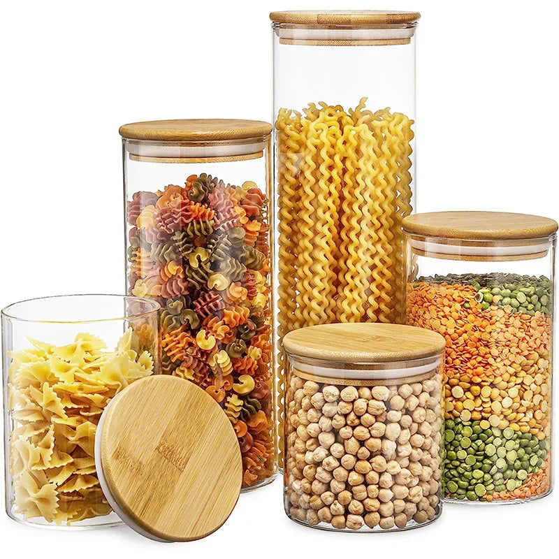 Set de 5 Tarros de Vidrio con Tapa de Bambú Hermética