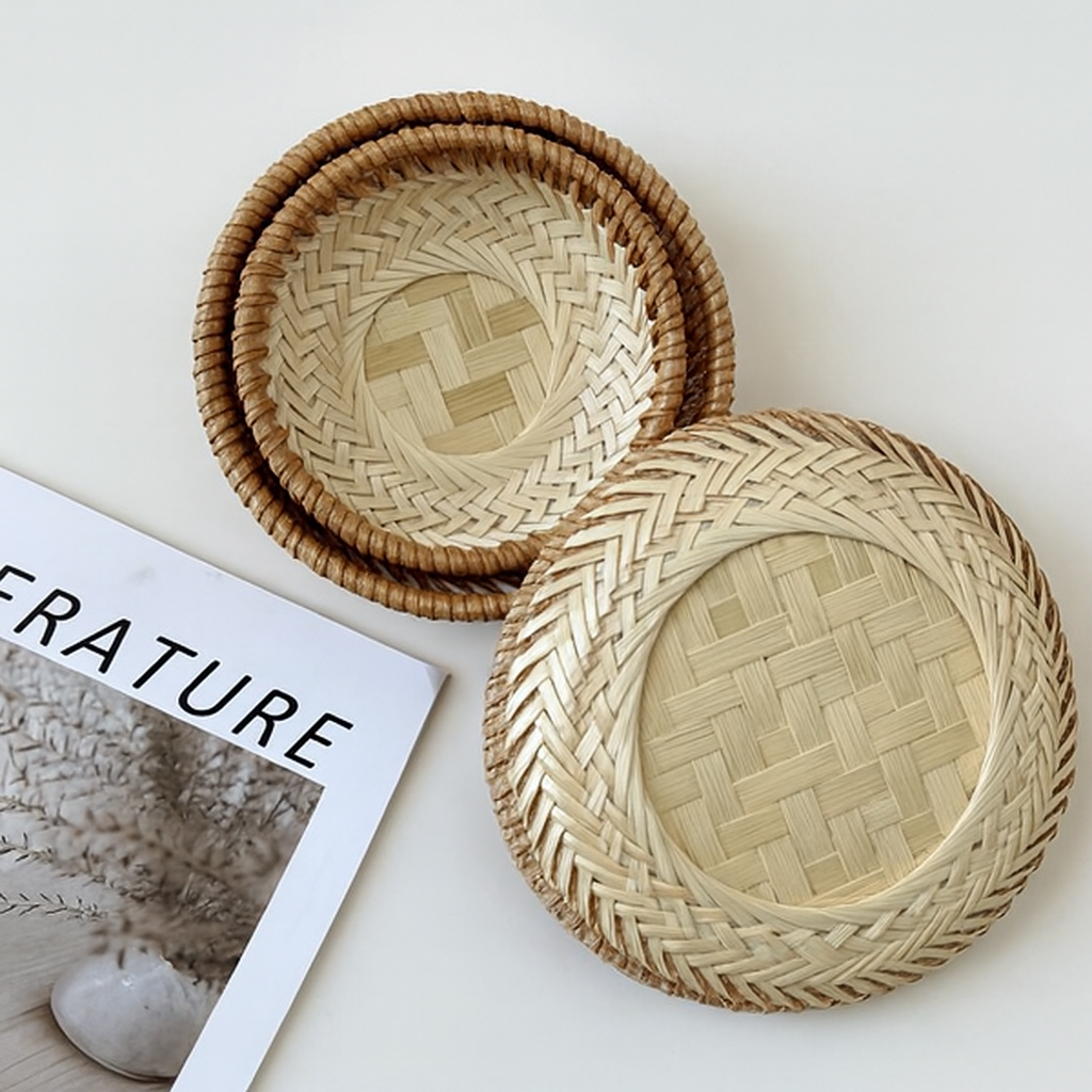 Bandeja Redonda de Bambú y Ratán